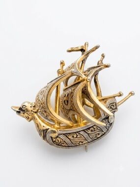 Spanish Damascene Galleon Ship Brooch